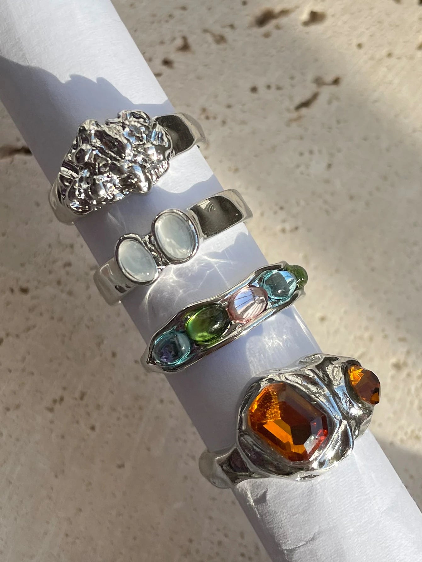 Unique Geometric Floral Colorful Gemstone Pearl Rings