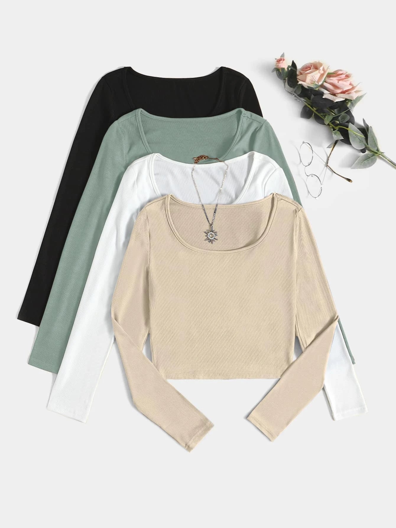 4pcs Solid Crop Tee shein