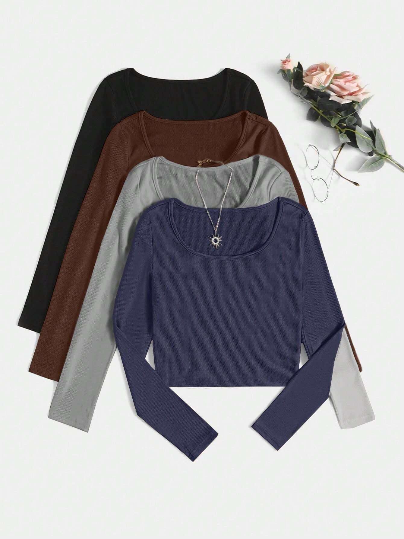 4pcs Solid Crop Tee shein