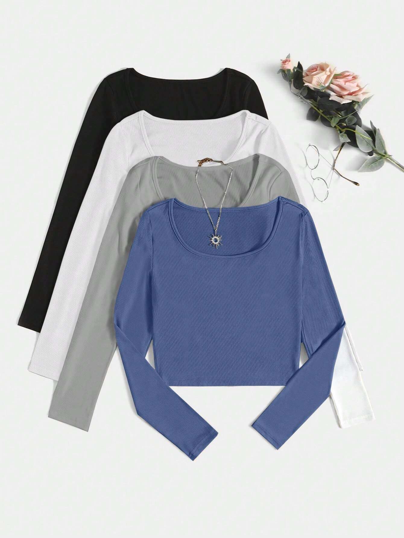 4pcs Solid Crop Tee shein