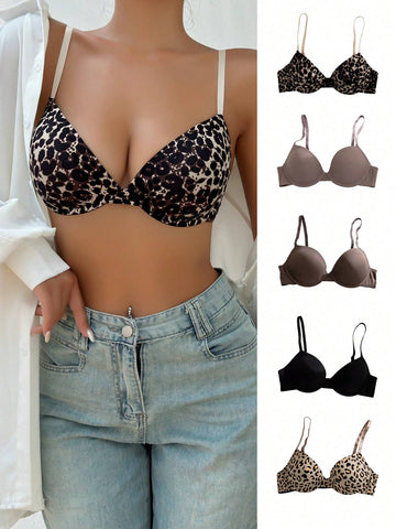 5pack Leopard Print Underwire Bra shein