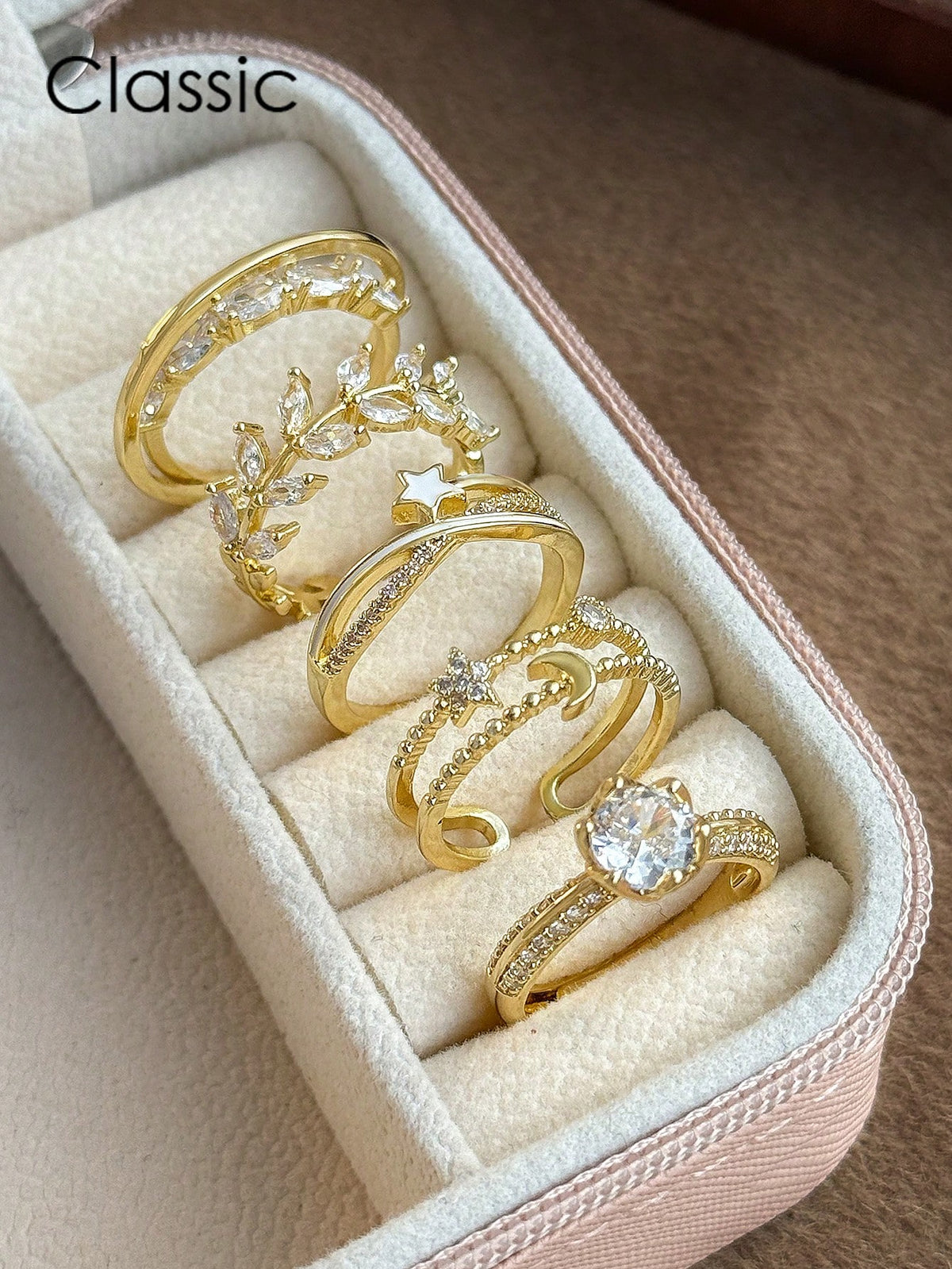 5pcs Elegant Copper Inlaid Cubic Zirconia Fashion Simple Chic Rings Set shein