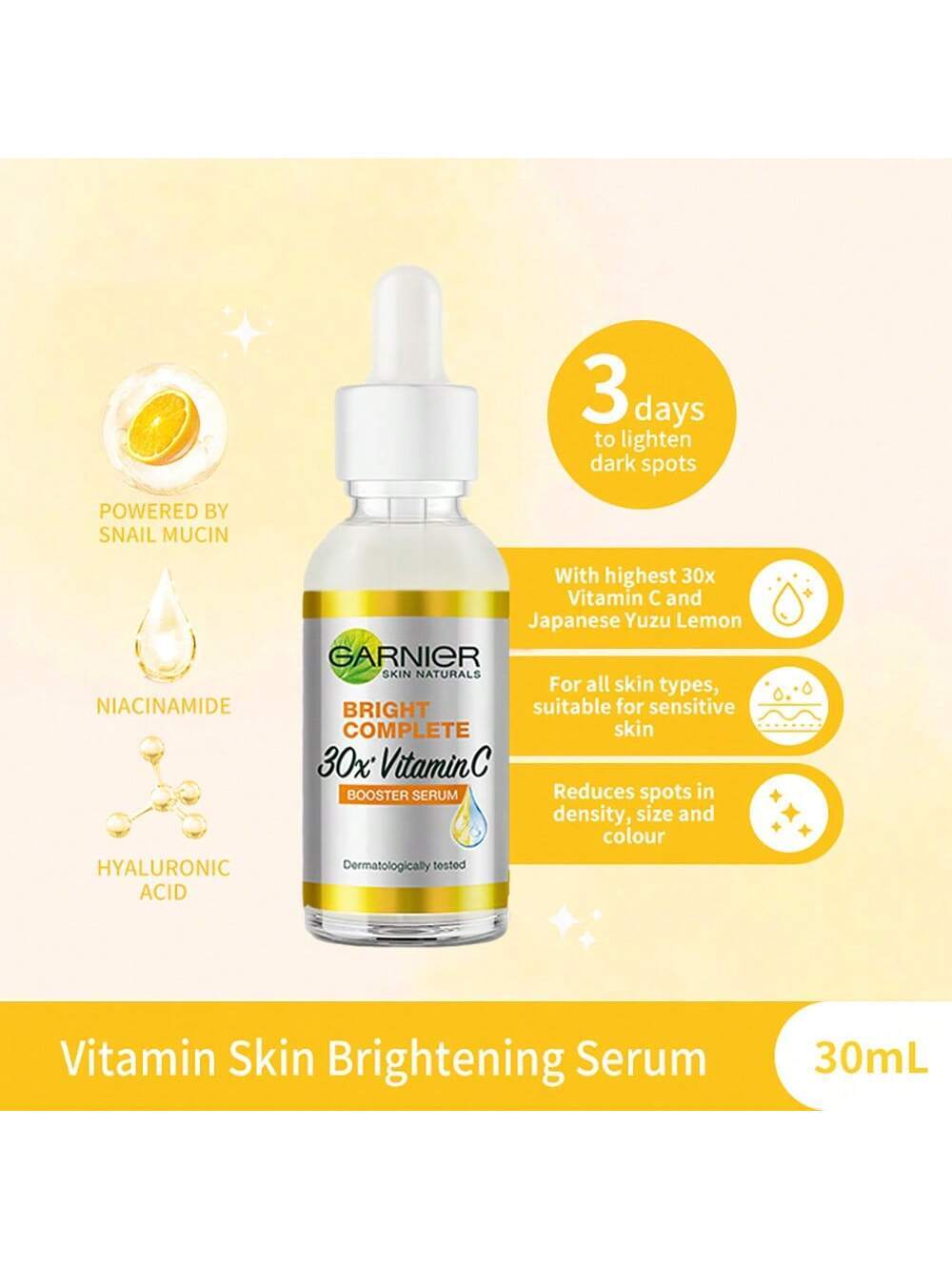 Garnier Brightening And Moisturizing Essence, 30ml, Instantly Whitens, Vitamin C30, Niacinamide, Fade Acne Marks, Dark Spots, Deep Hydrating Effect Garnier