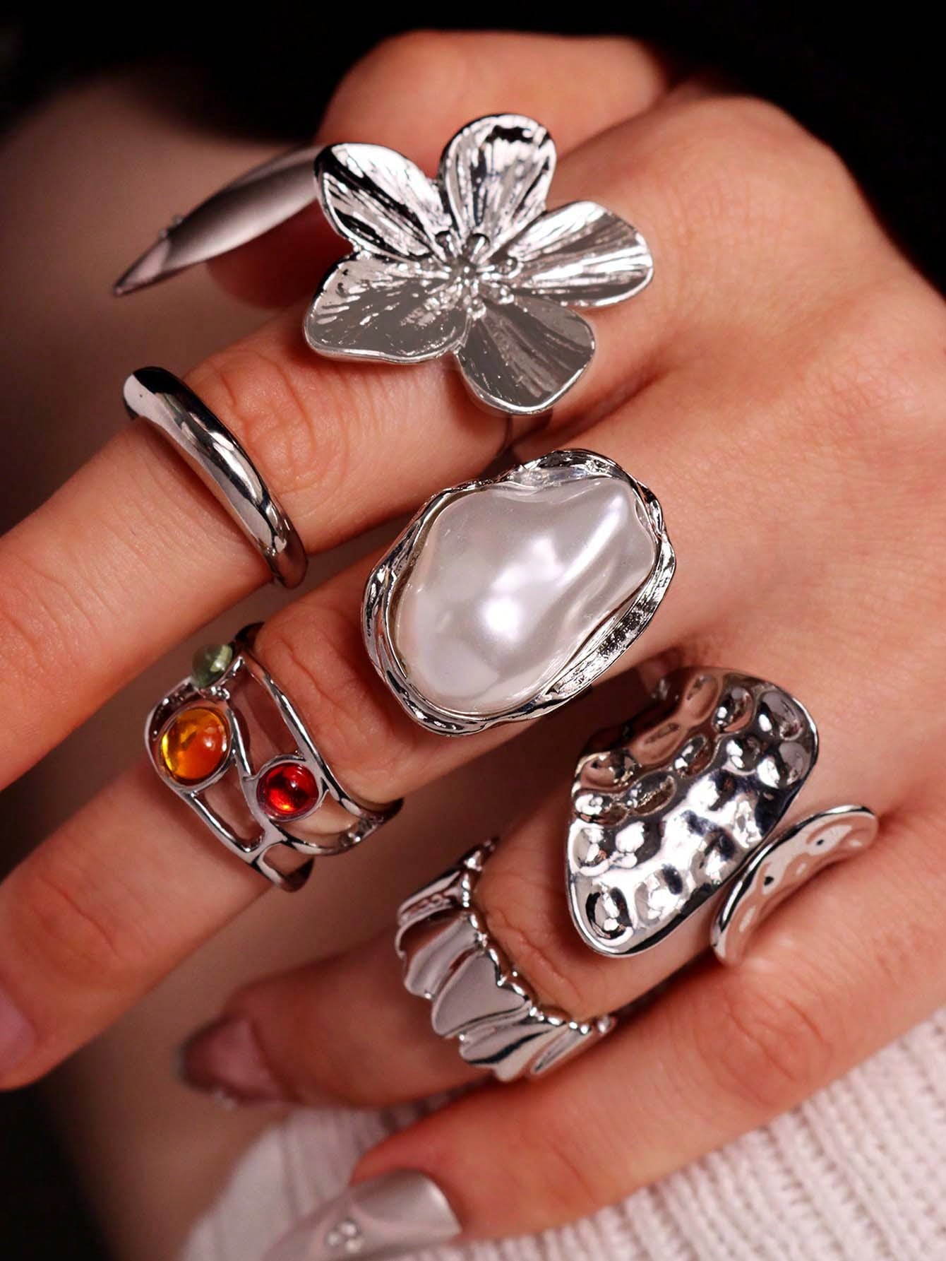 Unique Geometric Floral Colorful Gemstone Pearl Rings