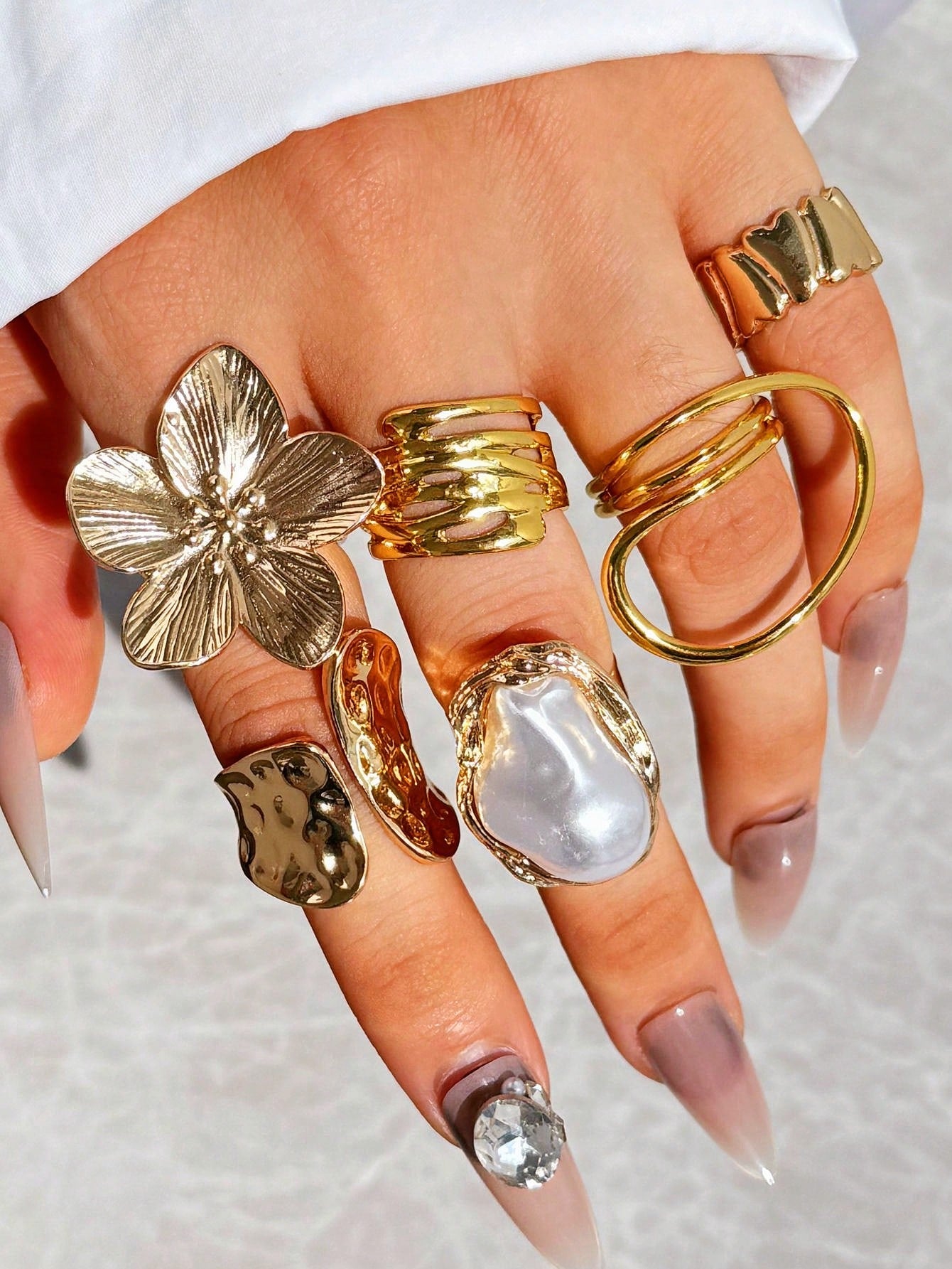 Unique Geometric Floral Colorful Gemstone Pearl Rings