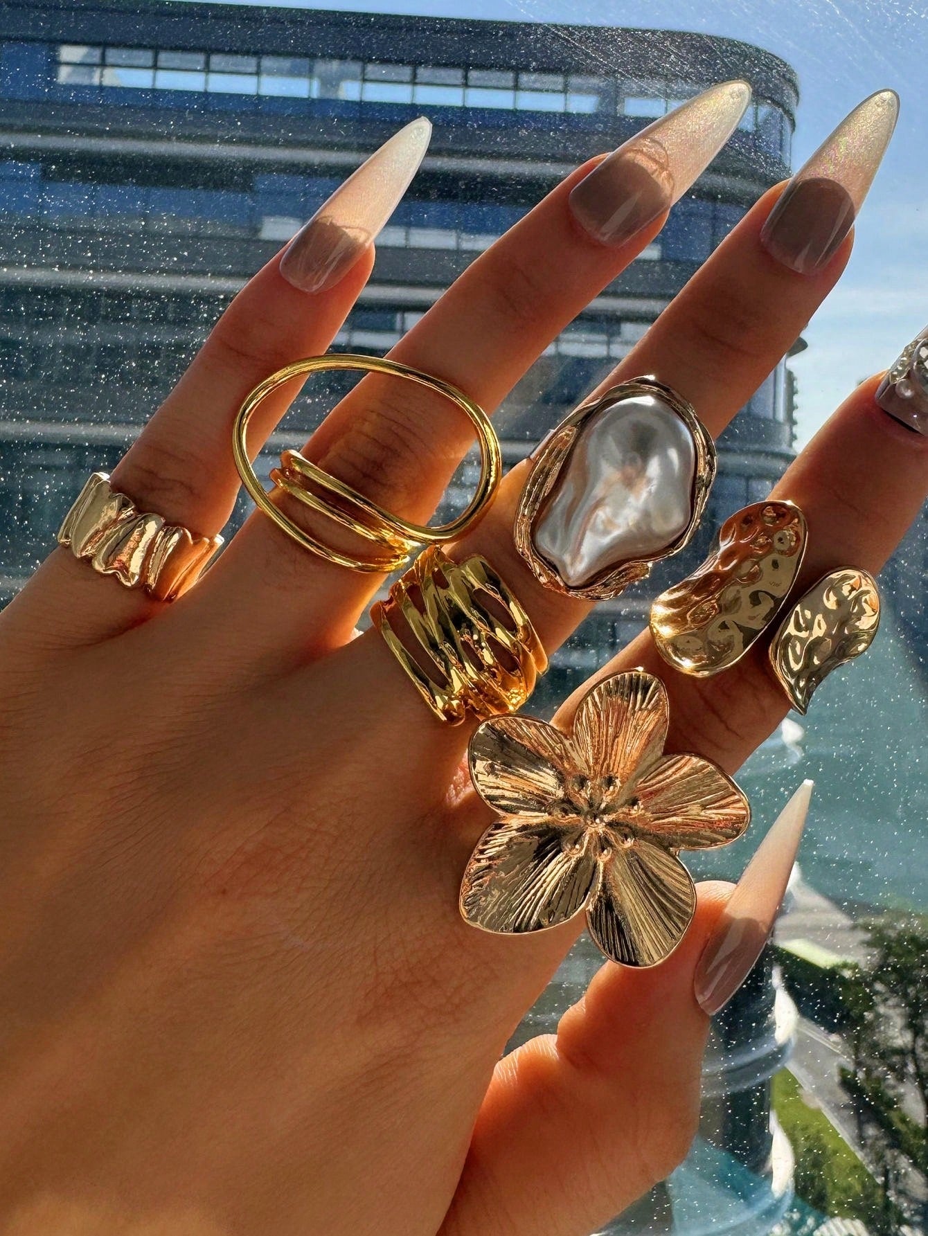 Unique Geometric Floral Colorful Gemstone Pearl Rings