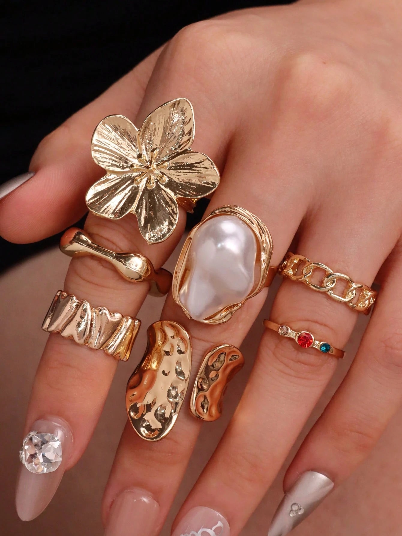 Unique Geometric Floral Colorful Gemstone Pearl Rings