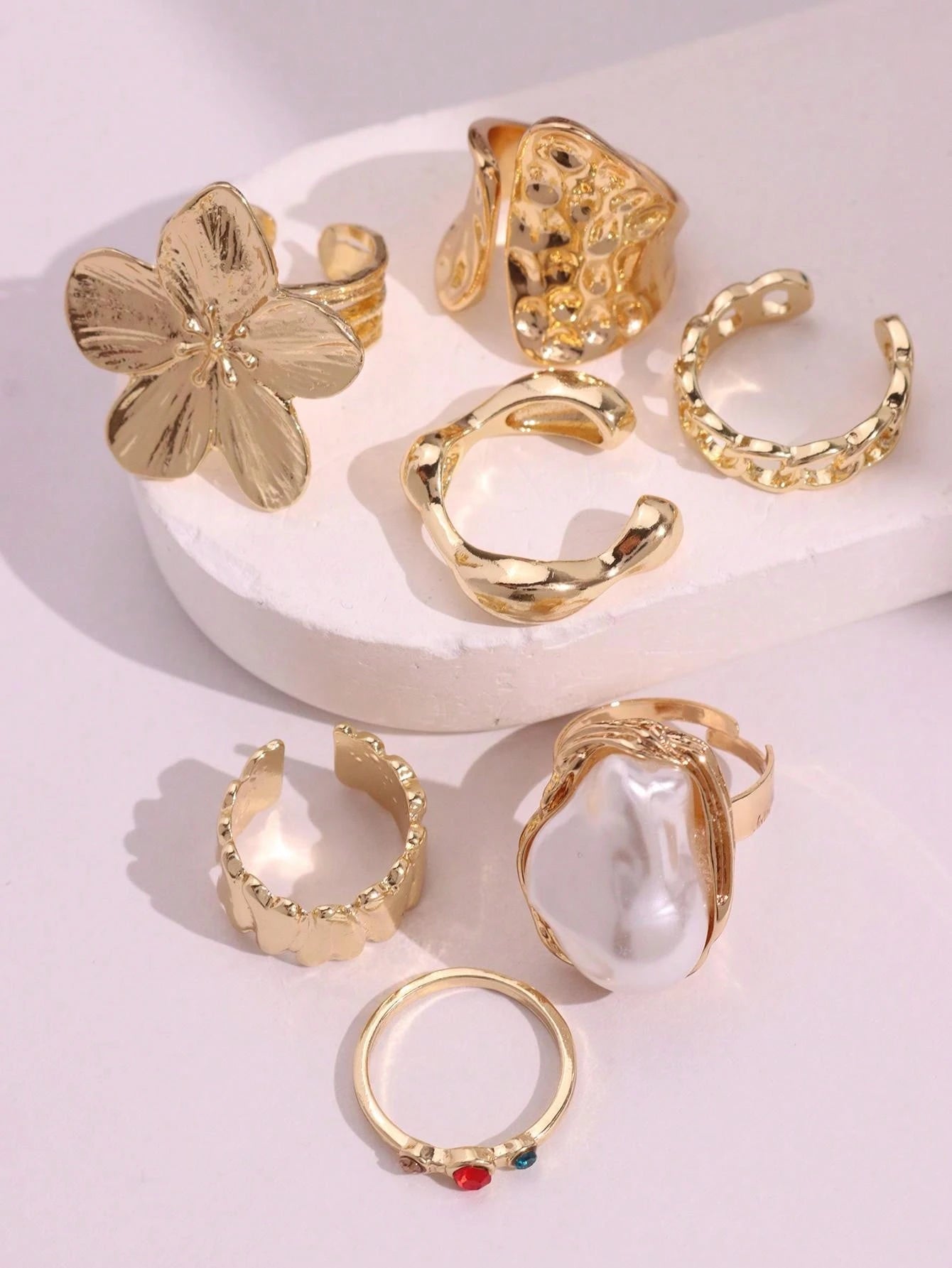 Unique Geometric Floral Colorful Gemstone Pearl Rings