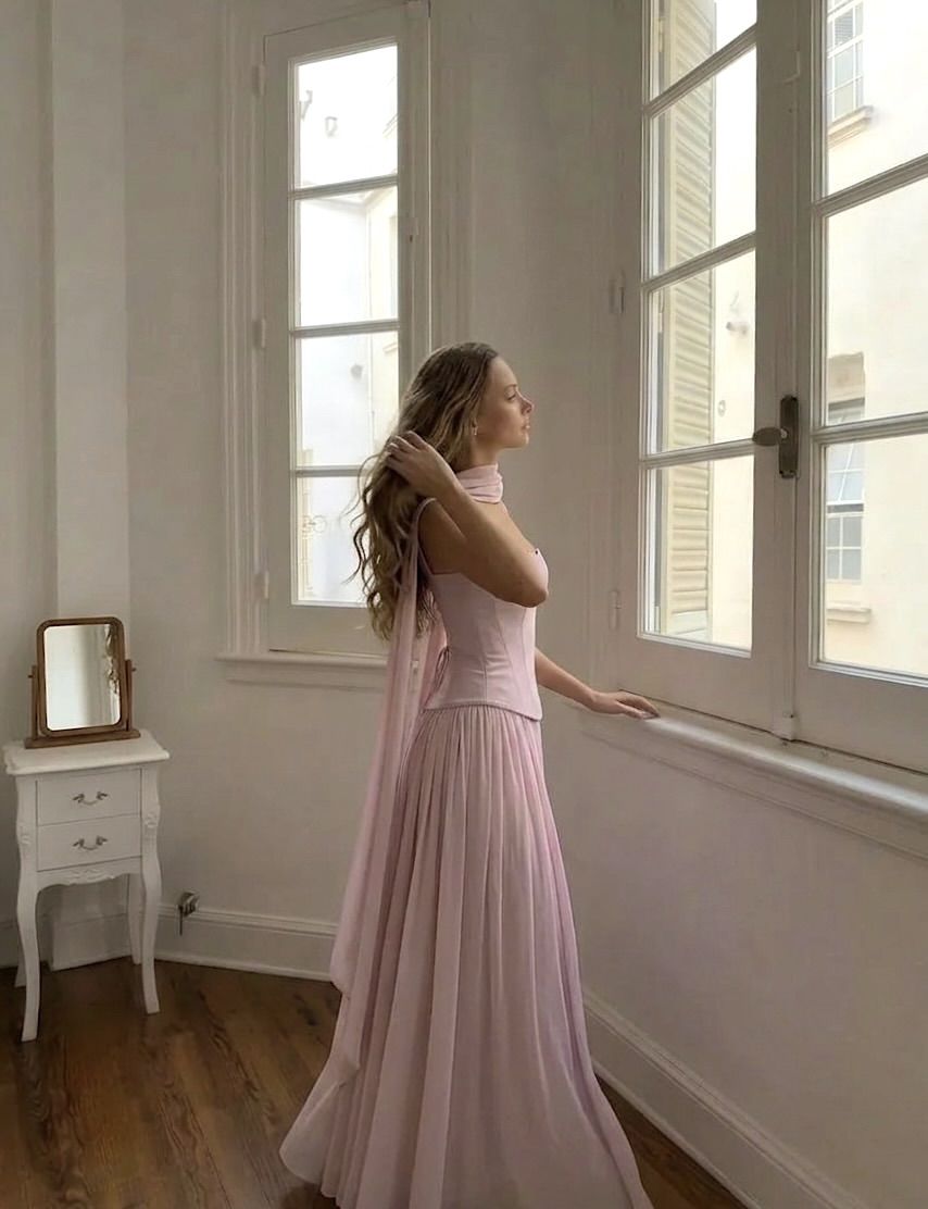 Chiffon Sculptural Halter Neckline Lace Up Maxi Bobycon Dress With Scarf Cider
