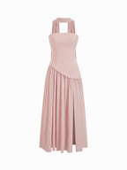 Chiffon Sculptural Halter Neckline Lace Up Maxi Bobycon Dress With Scarf Cider