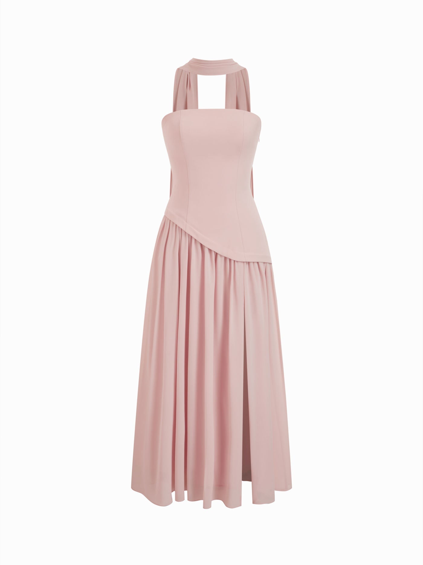 Chiffon Sculptural Halter Neckline Lace Up Maxi Bobycon Dress With Scarf Cider