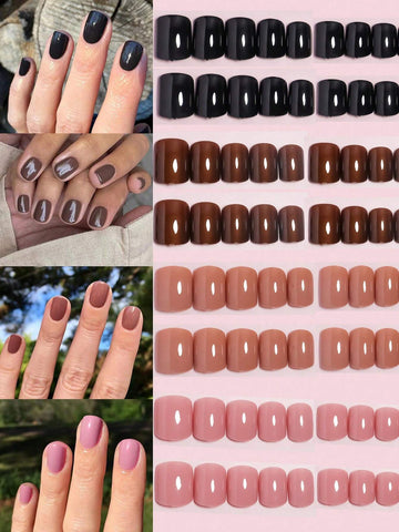 96 Pieces(4 Colors) Solid Design Short Square False Artificial Nails Press on Nails shein