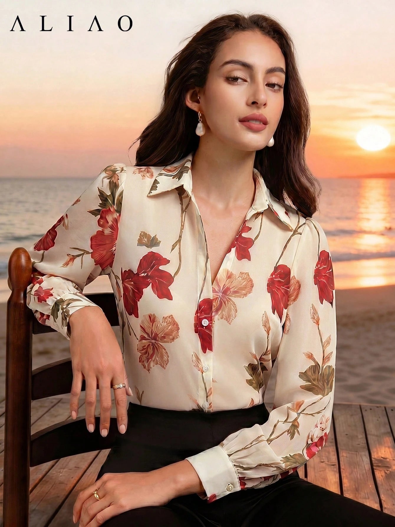 High-End Printed Long Sleeve Sheer Button-Up Casual Vacation Elegant Blouse shein