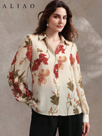 High-End Printed Long Sleeve Sheer Button-Up Casual Vacation Elegant Blouse