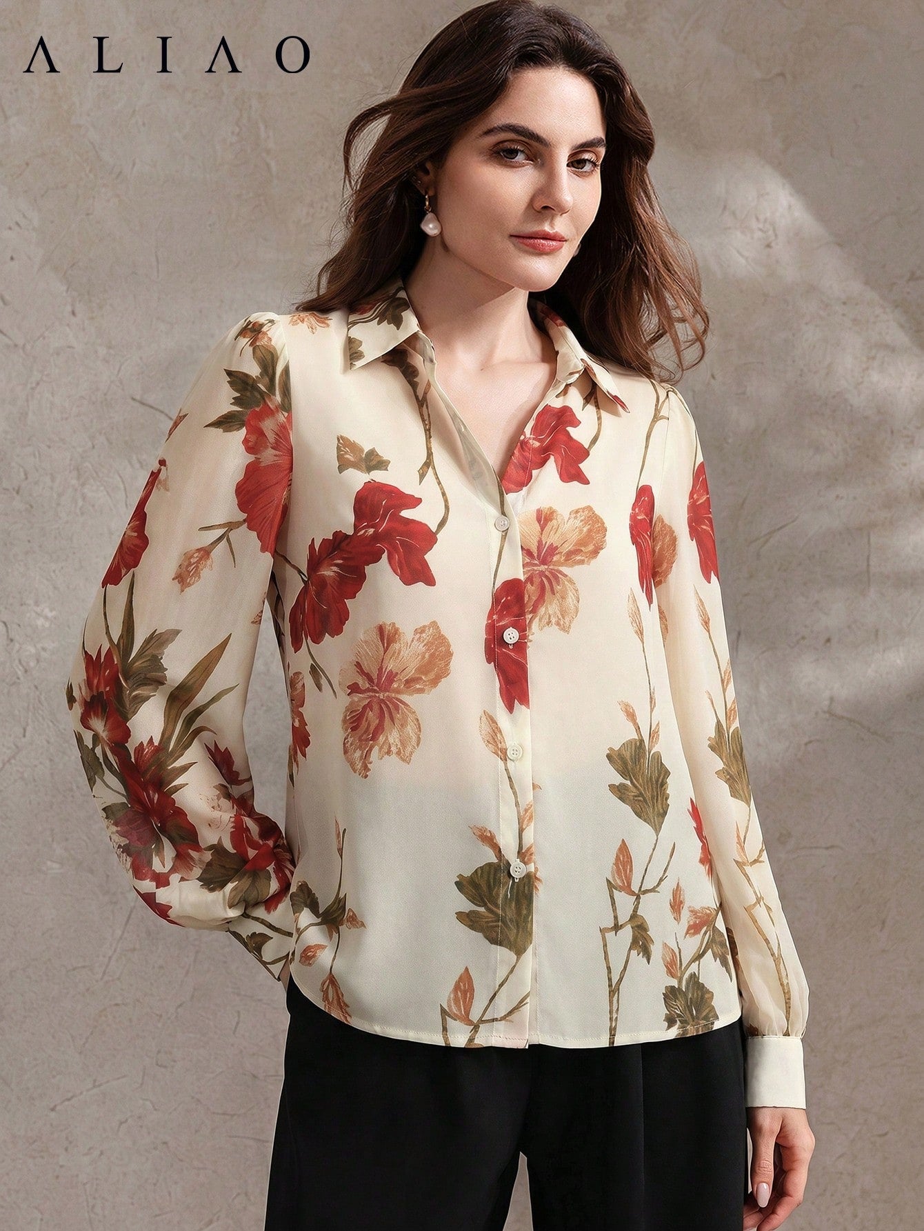 High-End Printed Long Sleeve Sheer Button-Up Casual Vacation Elegant Blouse