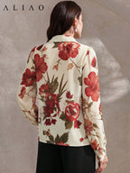 High-End Printed Long Sleeve Sheer Button-Up Casual Vacation Elegant Blouse