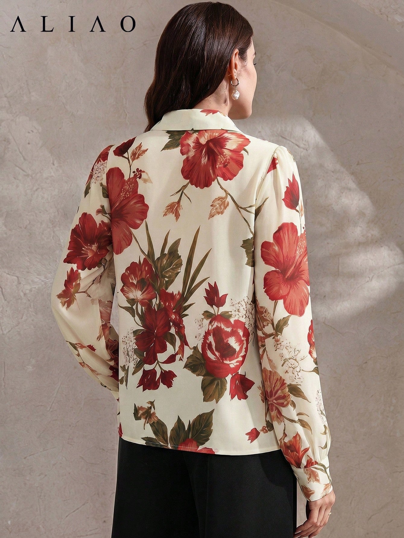 High-End Printed Long Sleeve Sheer Button-Up Casual Vacation Elegant Blouse