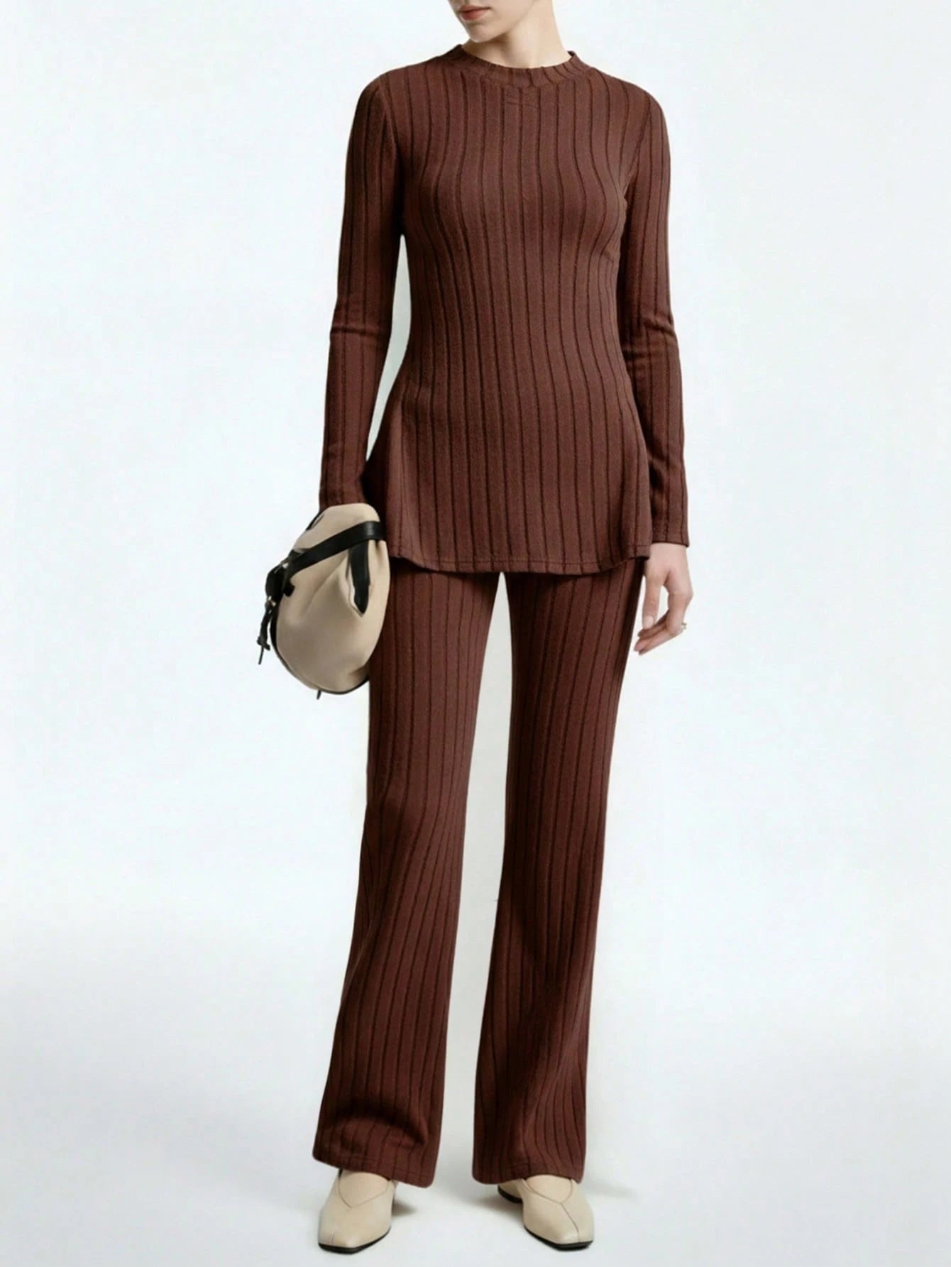 EMERY ROSE Plain Ribbed Knit Tshirt And Wide Leg Pants