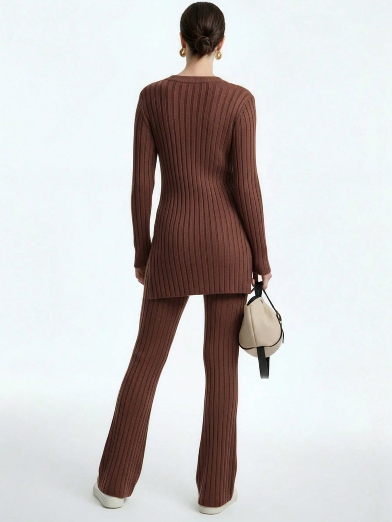 EMERY ROSE Plain Ribbed Knit Tshirt And Wide Leg Pants