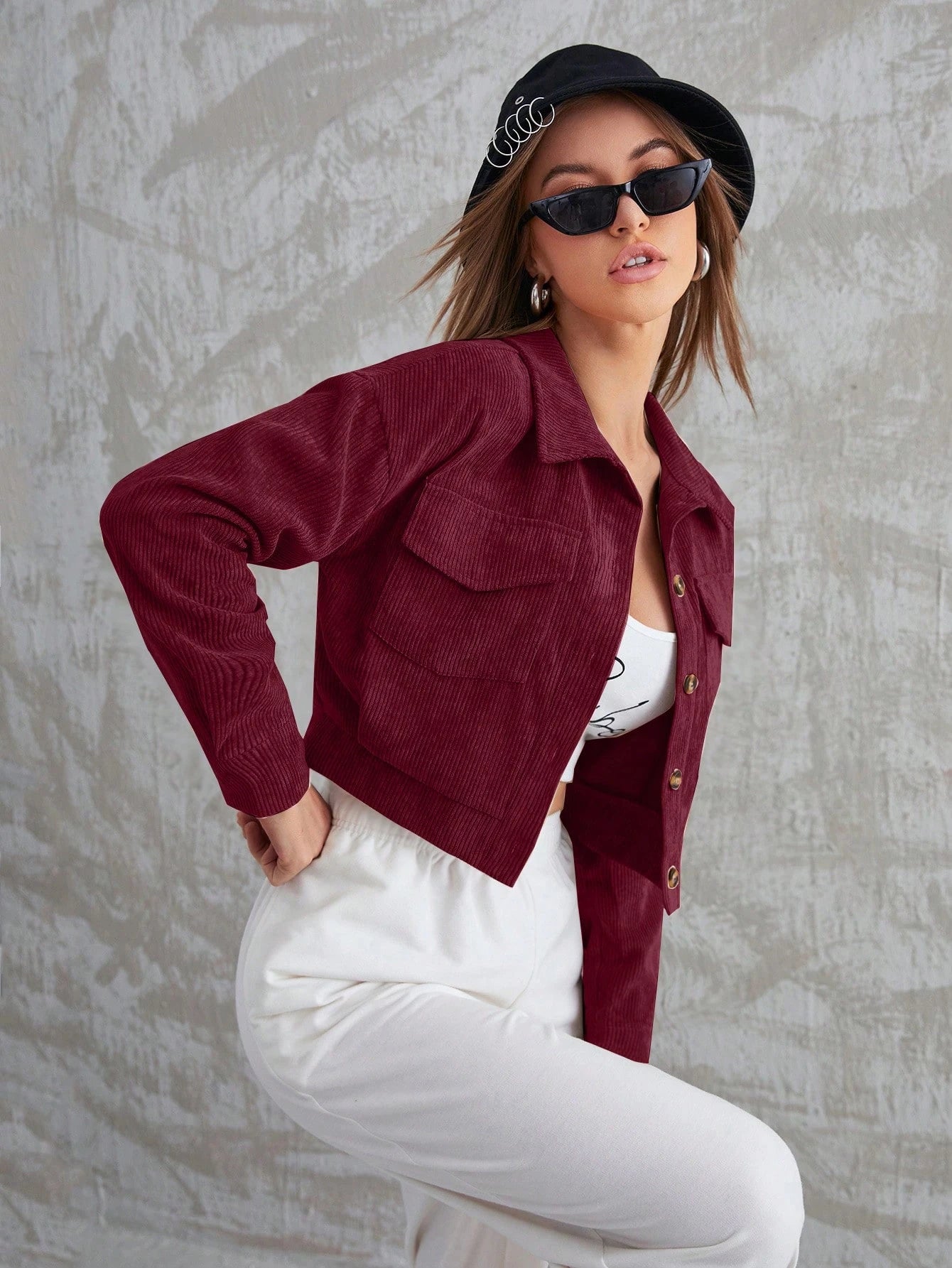 Aidyla Corduroy Flap Pocket Button Up Crop Jacket