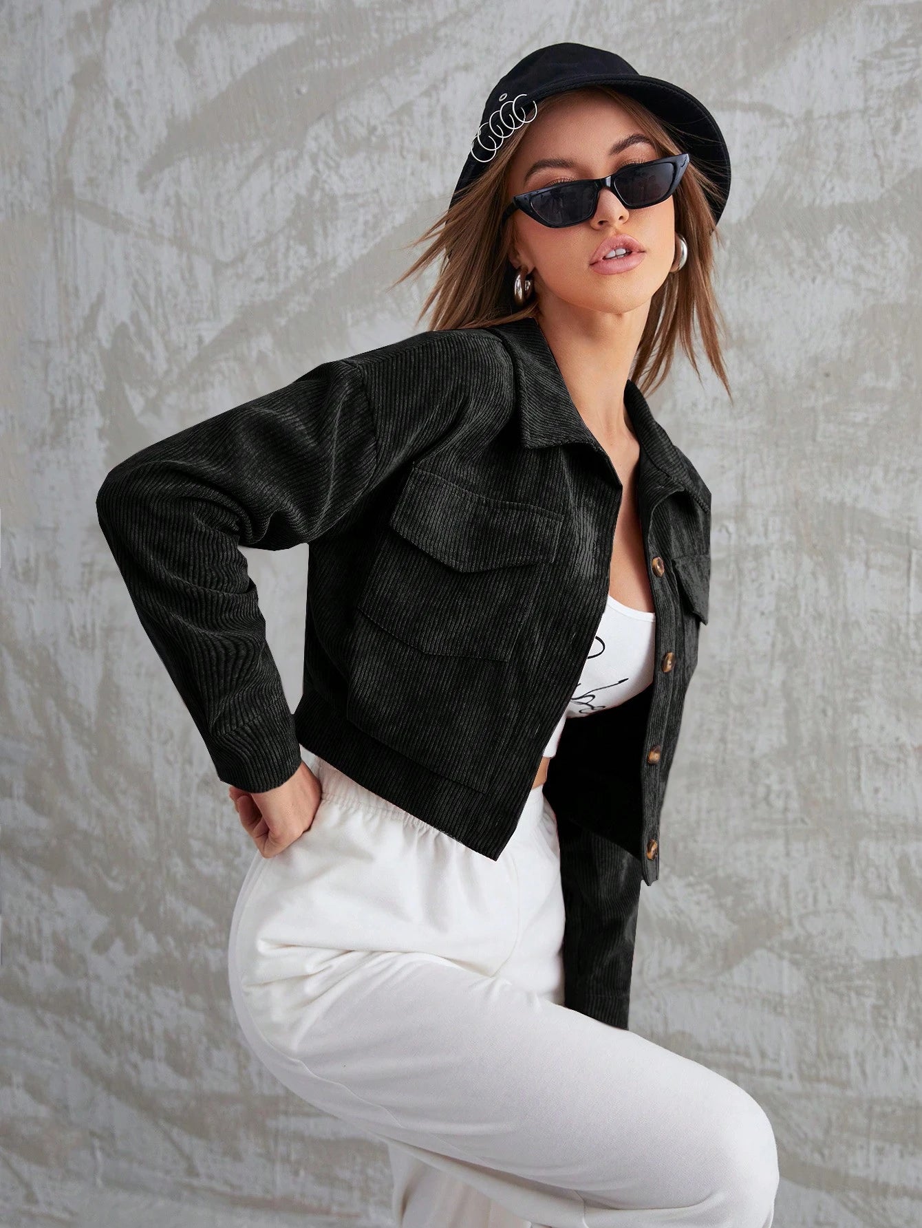 Aidyla Corduroy Flap Pocket Button Up Crop Jacket