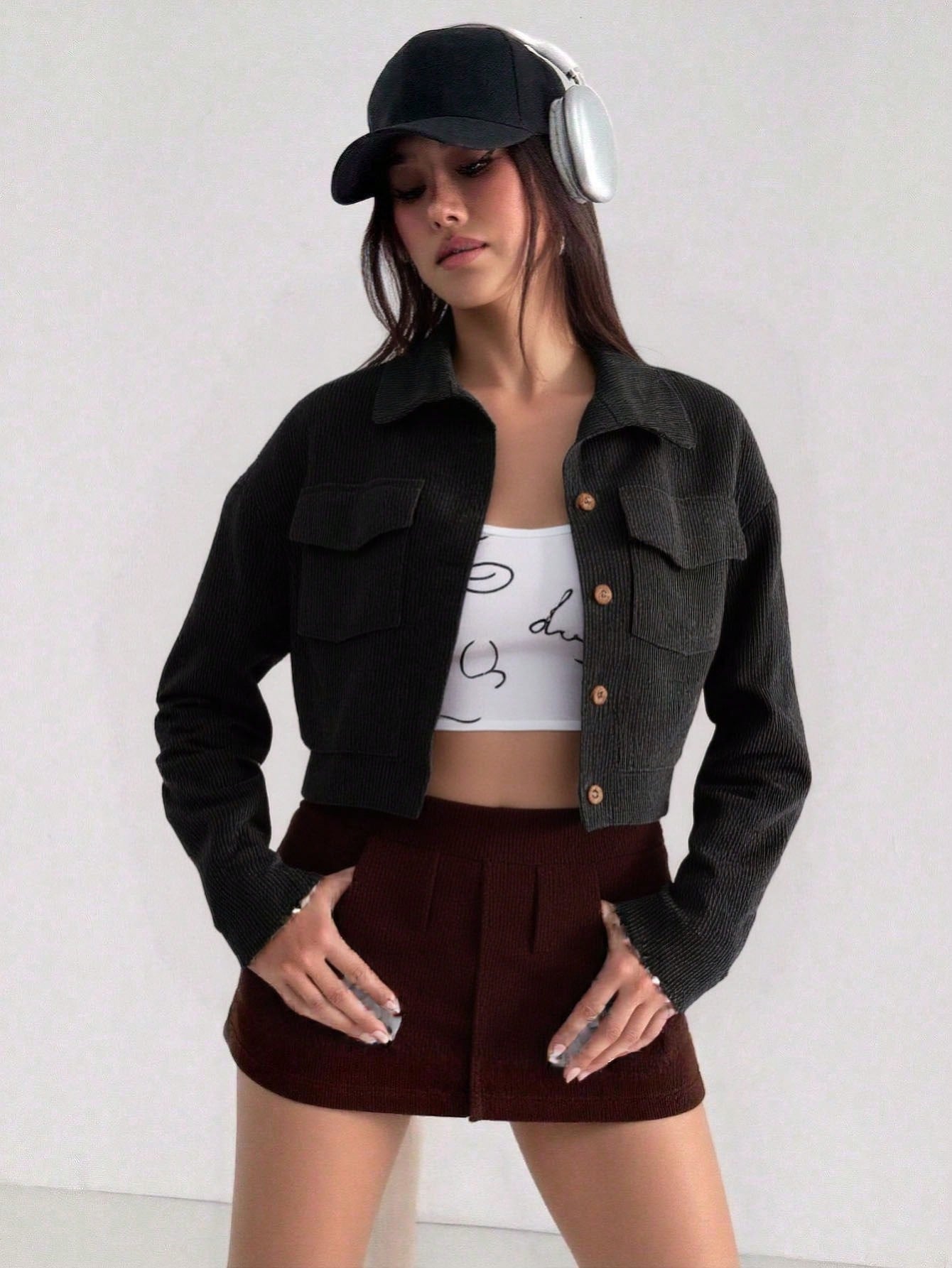 Aidyla Corduroy Flap Pocket Button Up Crop Jacket