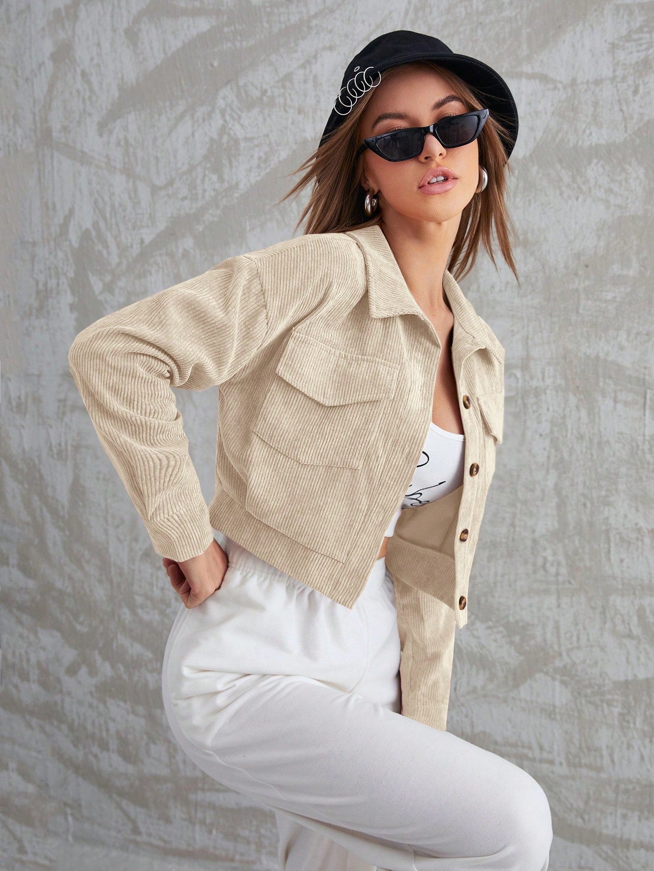 Aidyla Corduroy Flap Pocket Button Up Crop Jacket