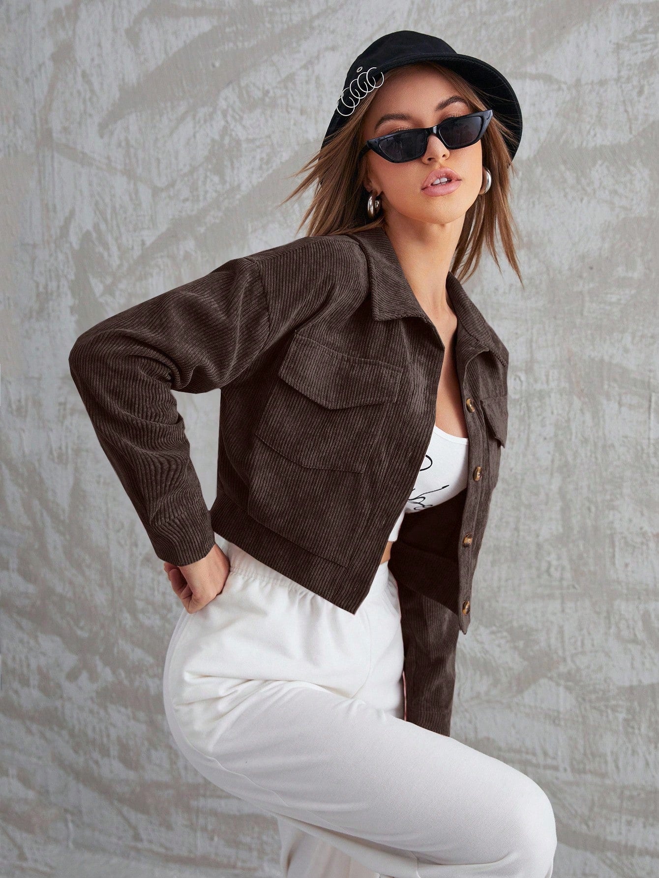 Aidyla Corduroy Flap Pocket Button Up Crop Jacket