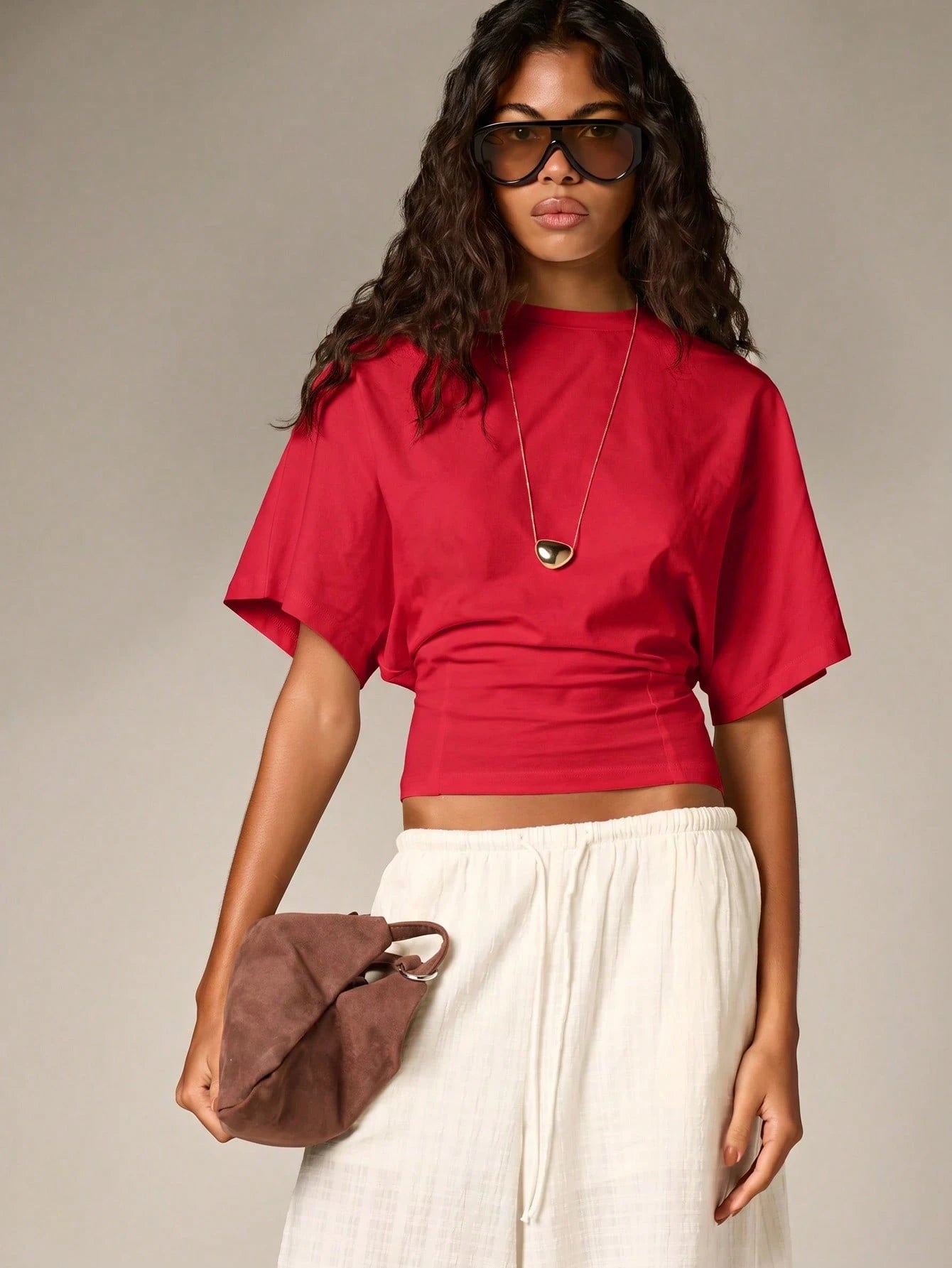 Ruched Cinched Crop T-Shirt With Flutter Sleeves shein