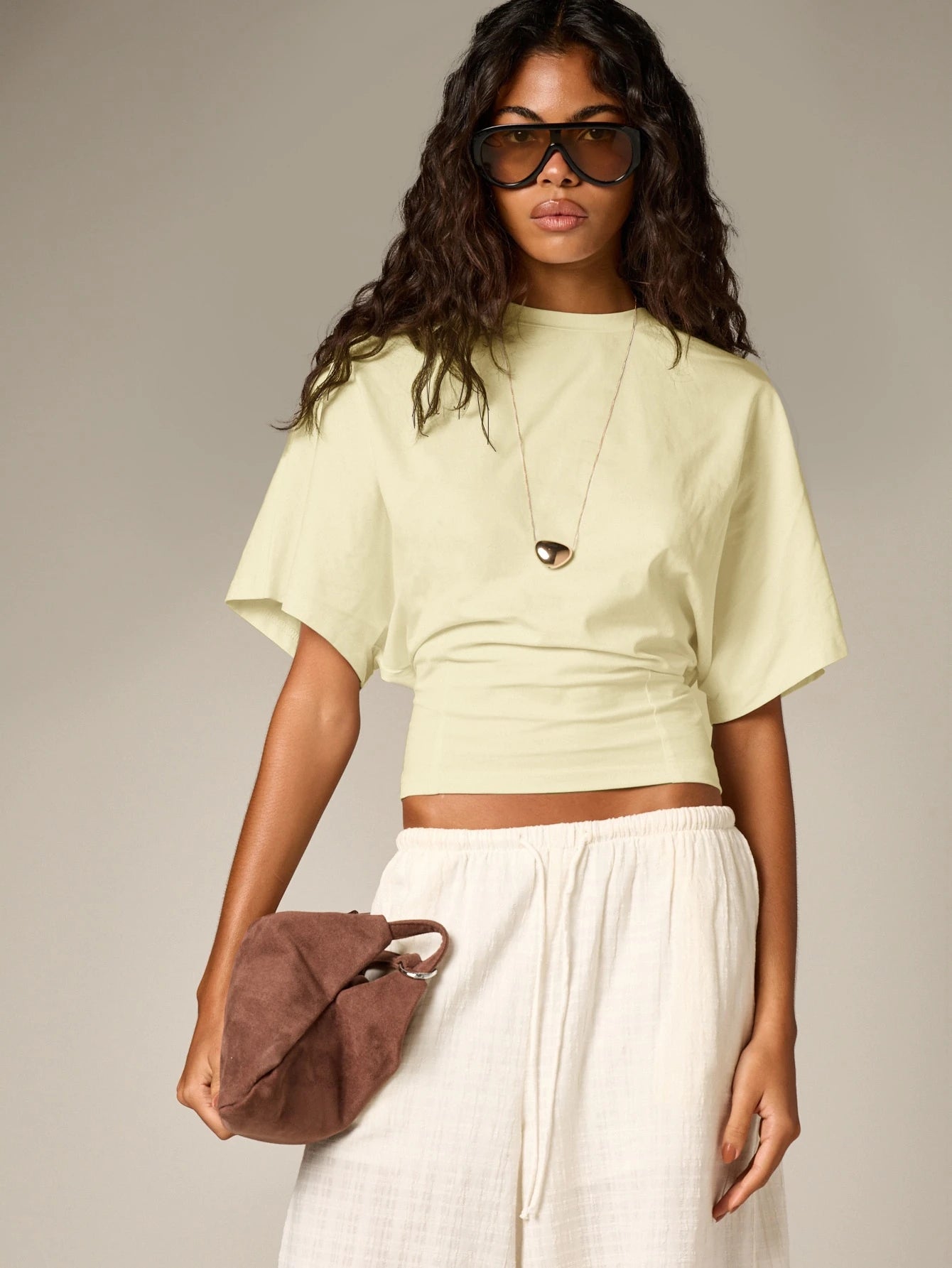 Ruched Cinched Crop T-Shirt With Flutter Sleeves shein