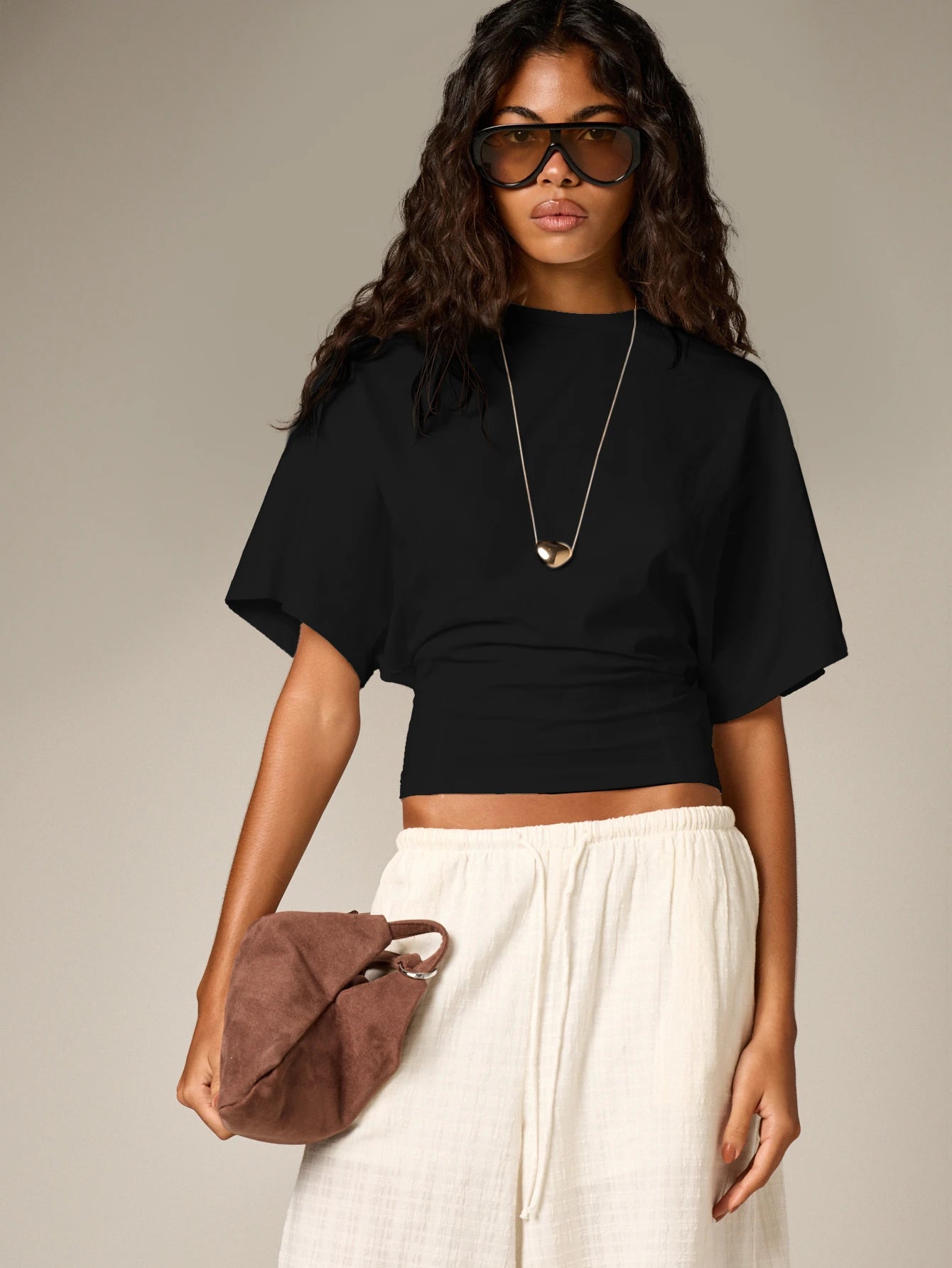 Ruched Cinched Crop T-Shirt With Flutter Sleeves shein