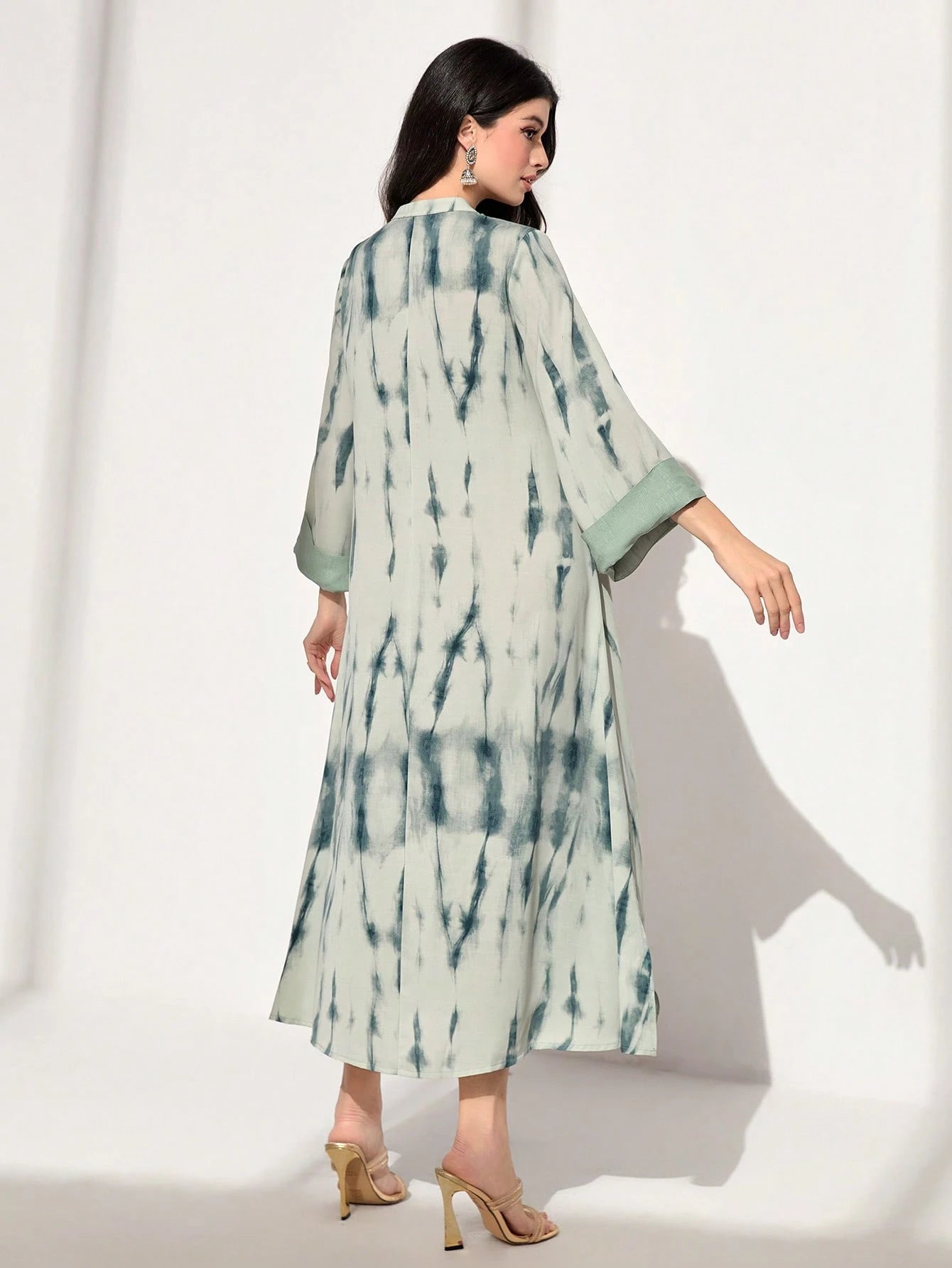 Tie Dye Notched Neckline Flounce Sleeve Arabian Modest Dress shein