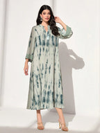 Tie Dye Notched Neckline Flounce Sleeve Arabian Modest Dress shein