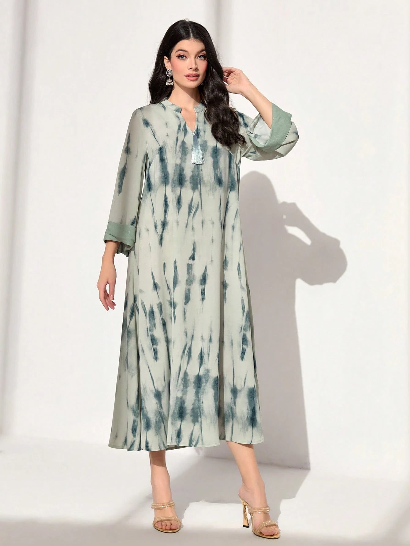 Tie Dye Notched Neckline Flounce Sleeve Arabian Modest Dress shein