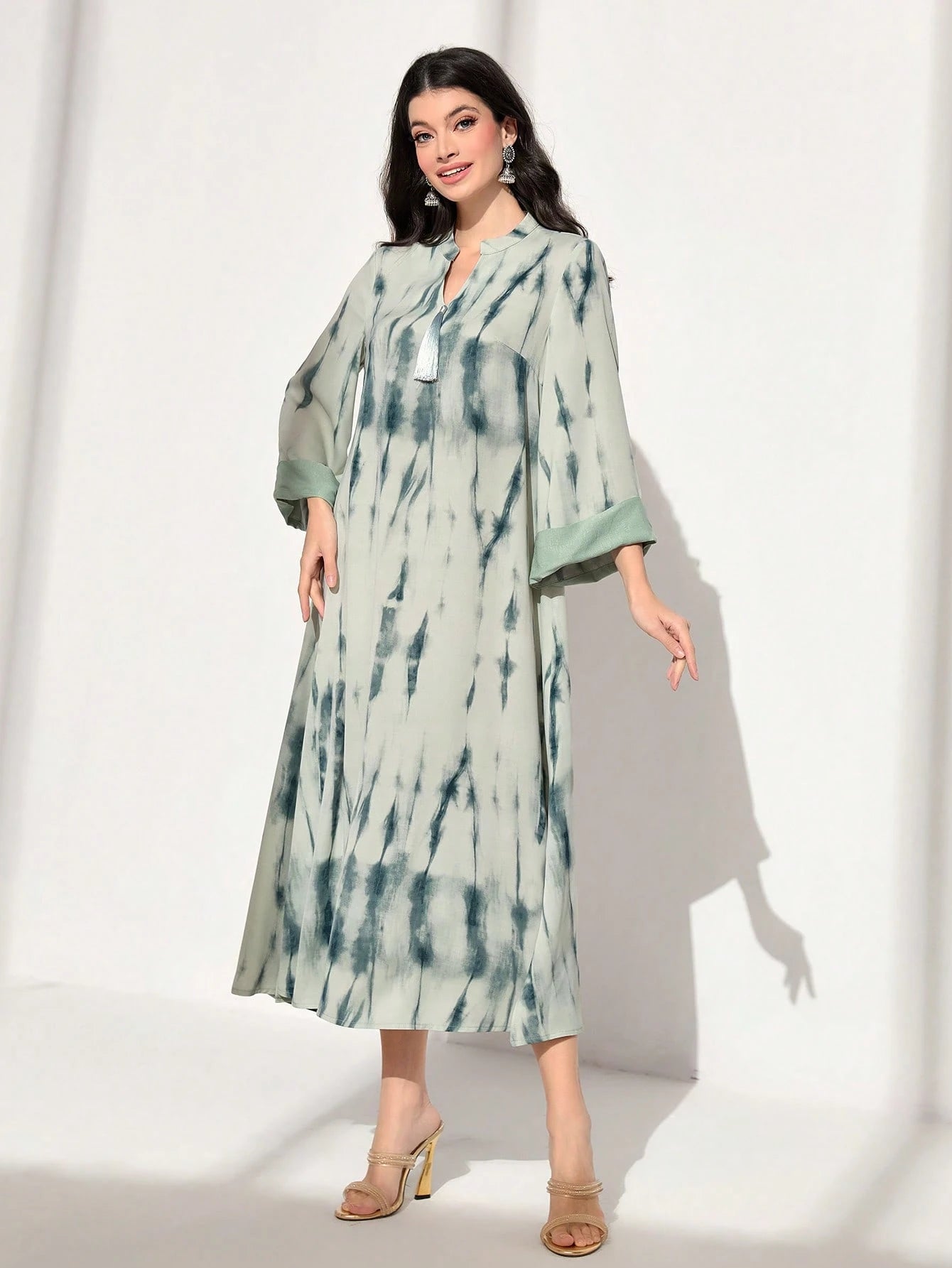 Tie Dye Notched Neckline Flounce Sleeve Arabian Modest Dress shein