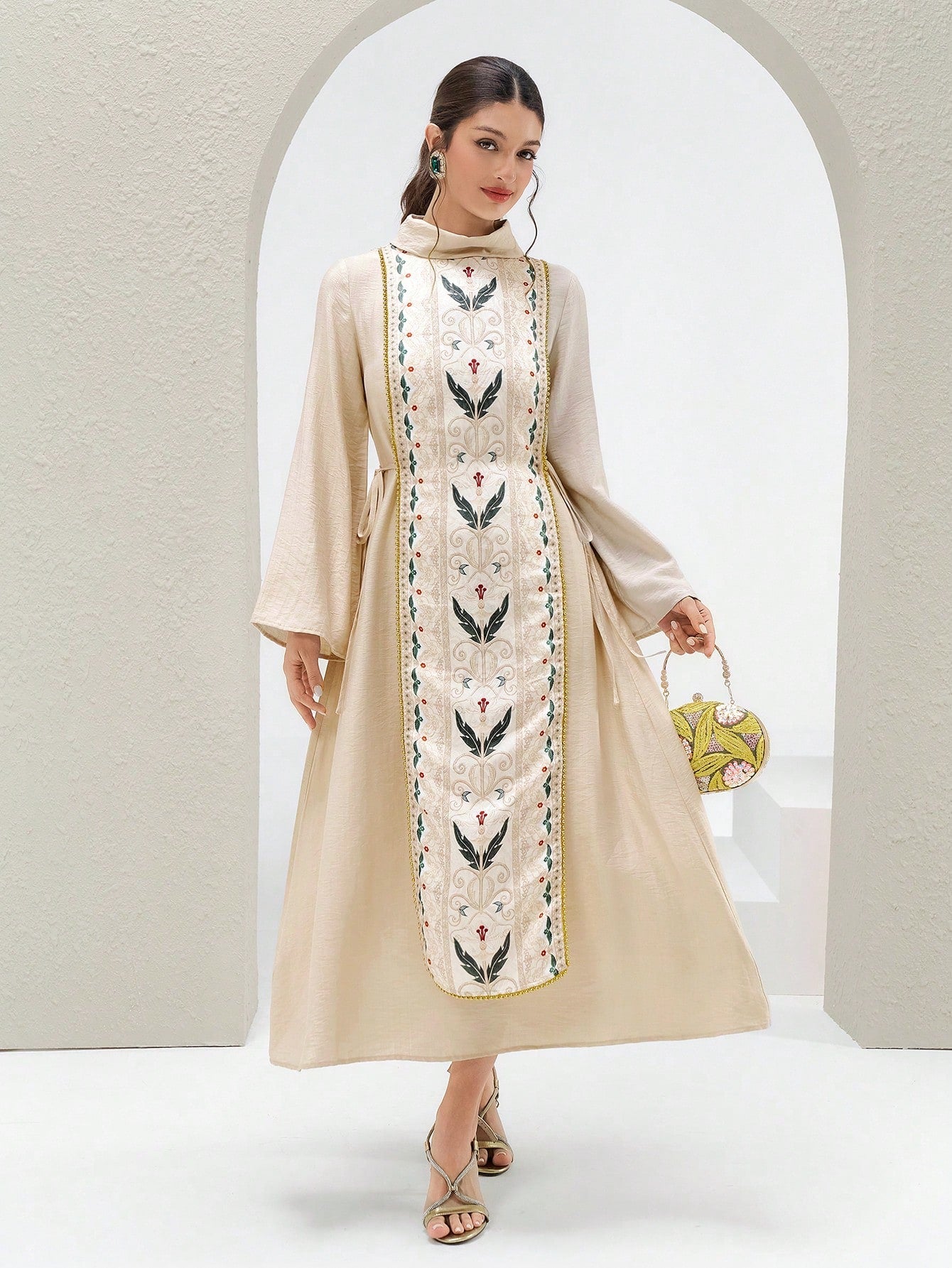 Women's Elegant Printed Patchwork Beaded Decorated Arabic Style Dress shein