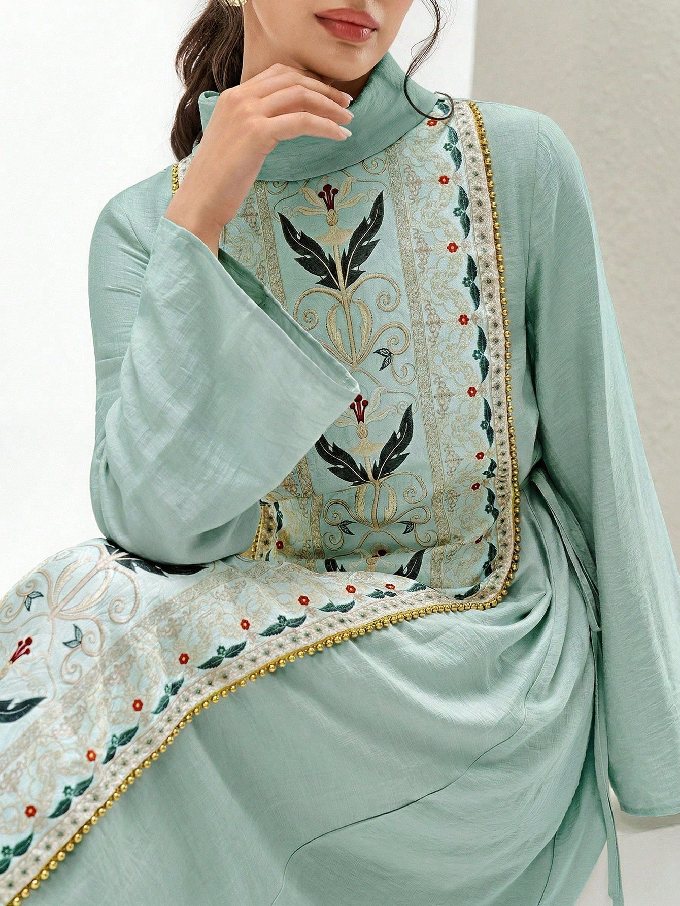 Women's Elegant Printed Patchwork Beaded Decorated Arabic Style Dress shein