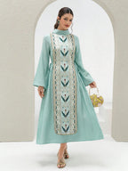 Women's Elegant Printed Patchwork Beaded Decorated Arabic Style Dress shein