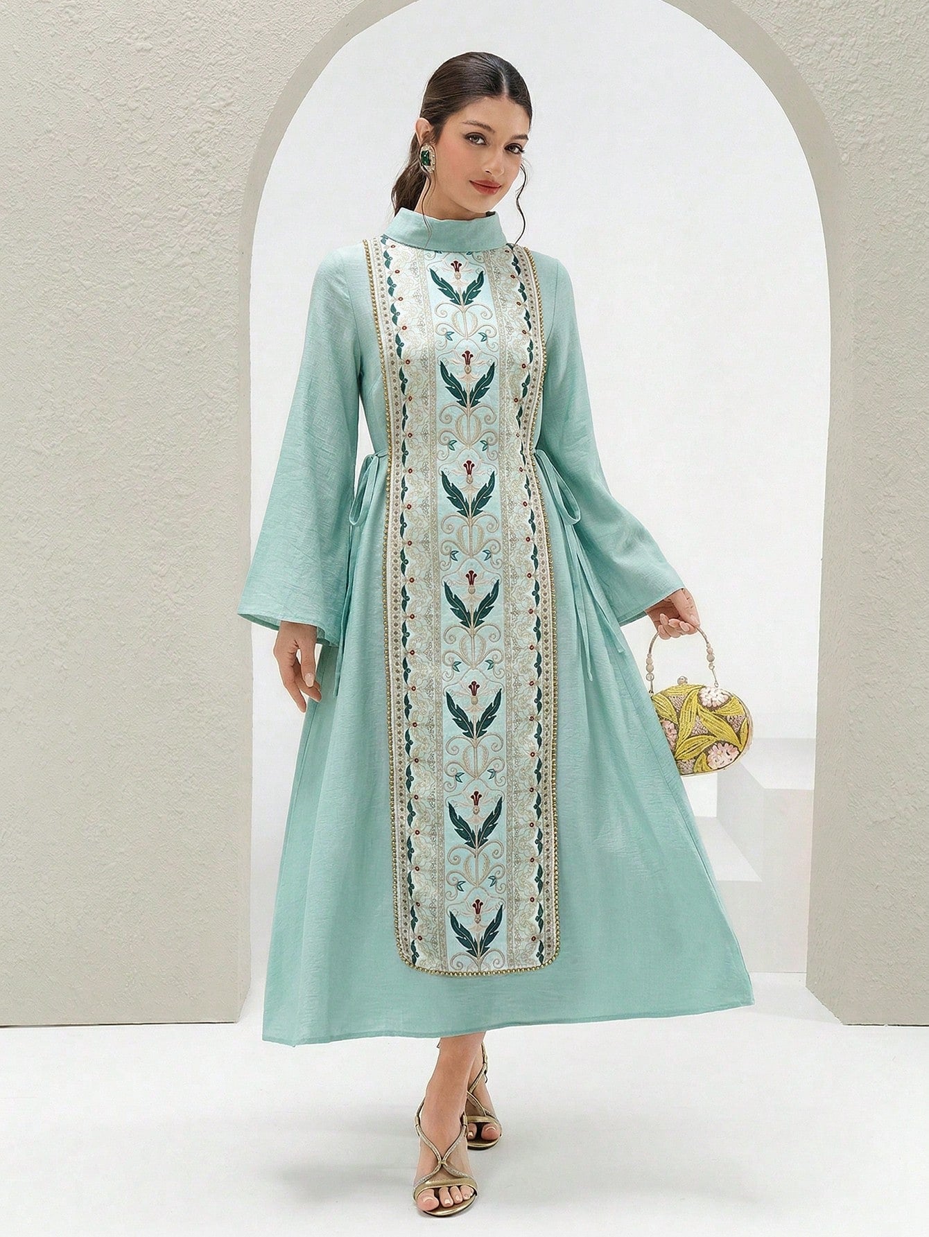 Women's Elegant Printed Patchwork Beaded Decorated Arabic Style Dress shein