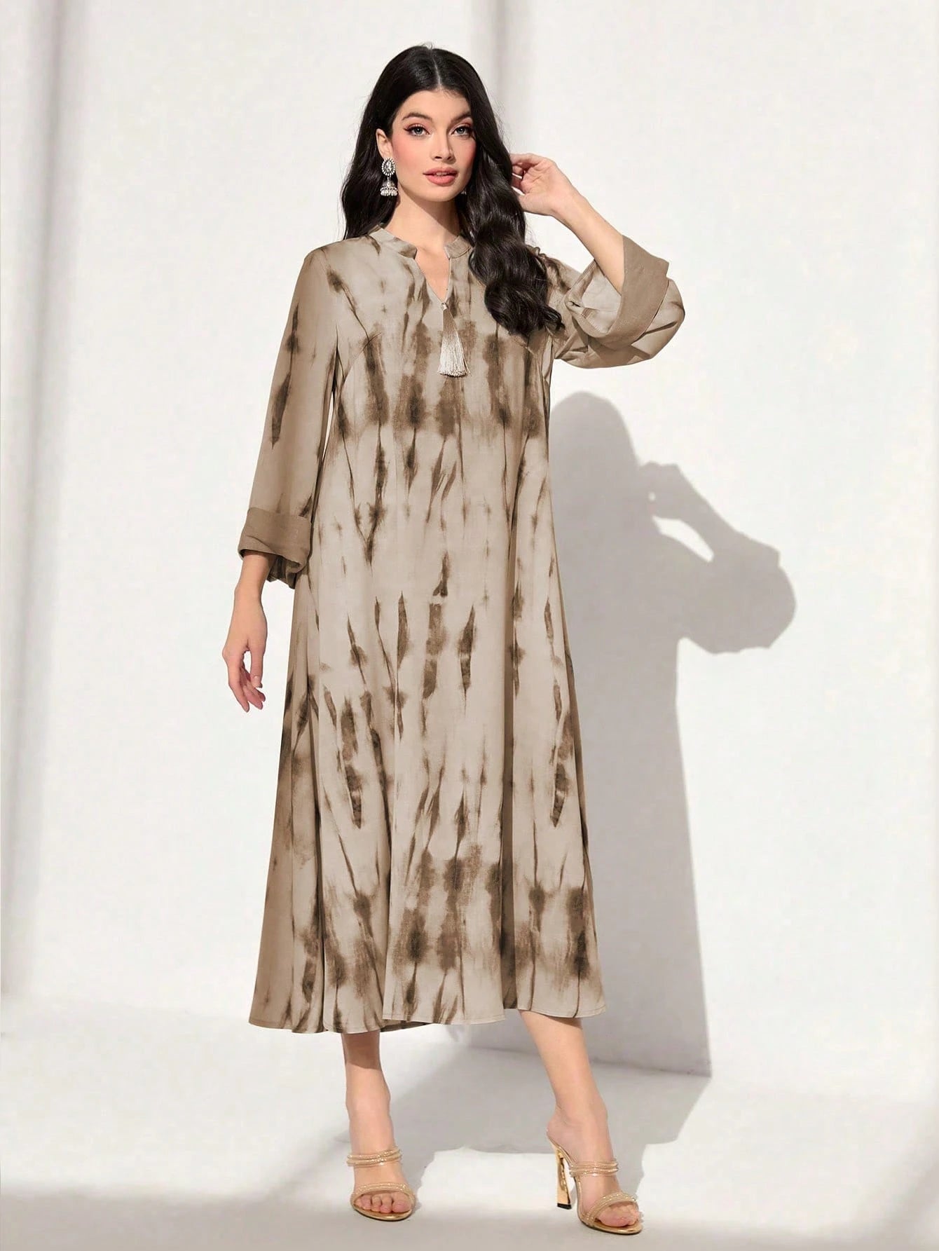 Tie Dye Notched Neckline Flounce Sleeve Arabian Modest Dress shein