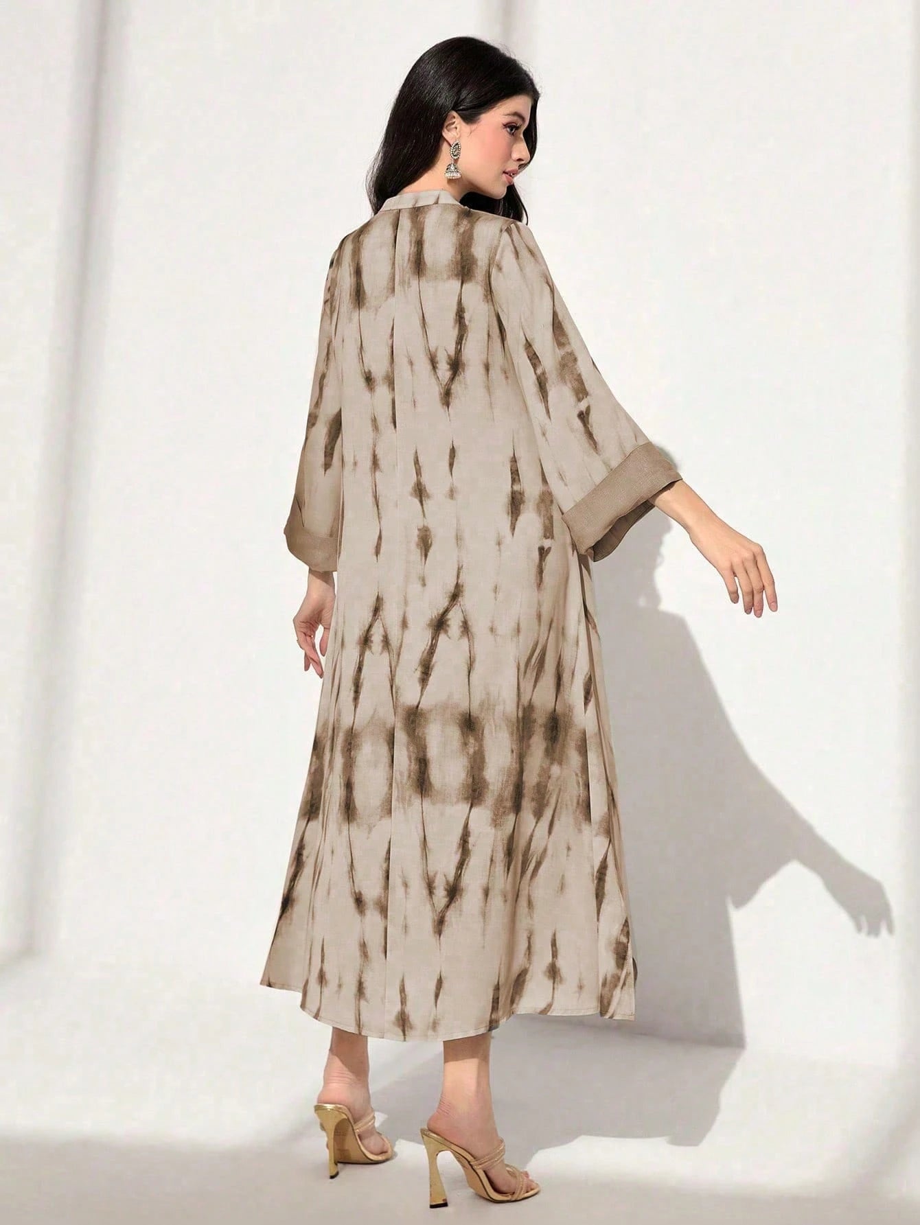 Tie Dye Notched Neckline Flounce Sleeve Arabian Modest Dress shein