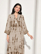 Tie Dye Notched Neckline Flounce Sleeve Arabian Modest Dress shein