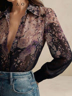 High-End Printed Long Sleeve Sheer Button-Up Casual Vacation Elegant Blouse