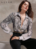 High-End Printed Long Sleeve Sheer Button-Up Casual Vacation Elegant Blouse