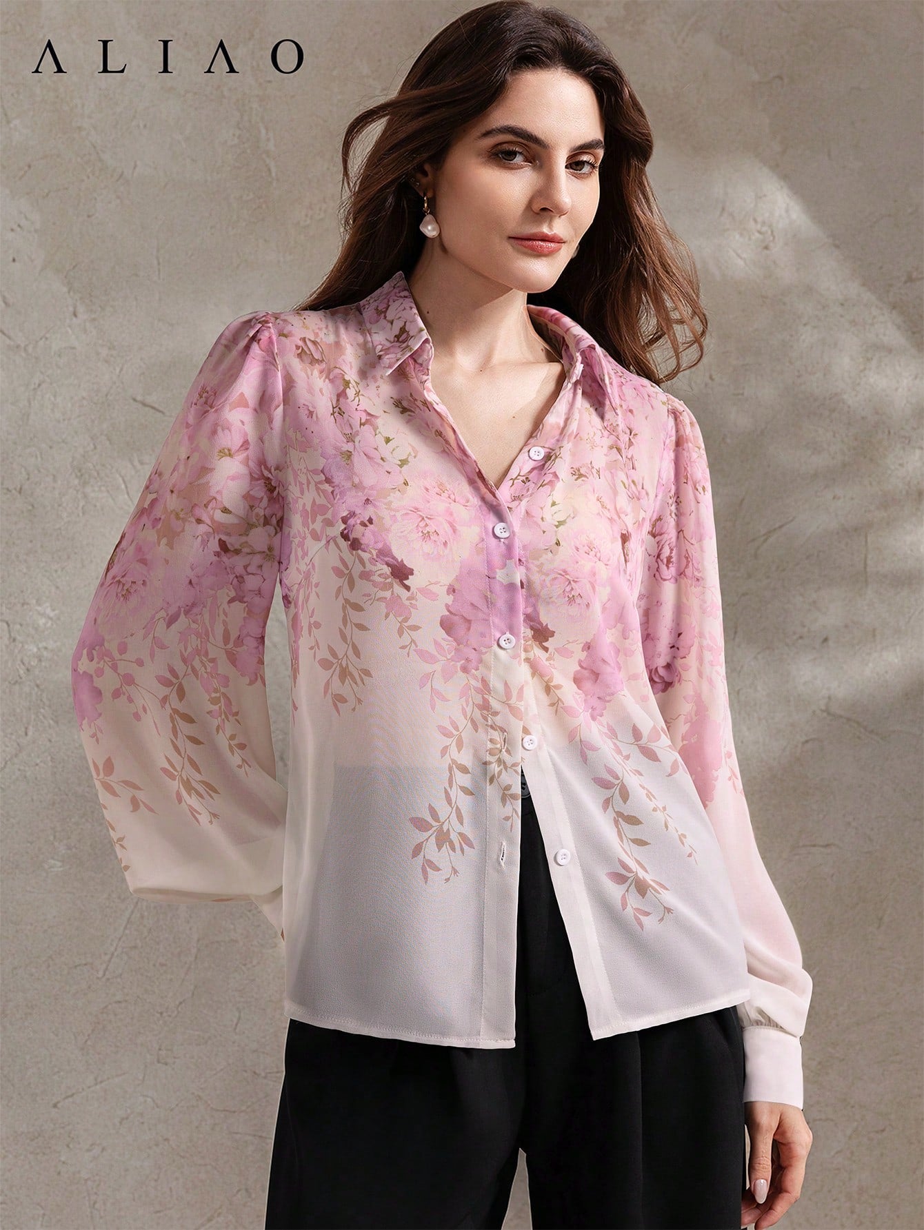 High-End Printed Long Sleeve Sheer Button-Up Casual Vacation Elegant Blouse shein