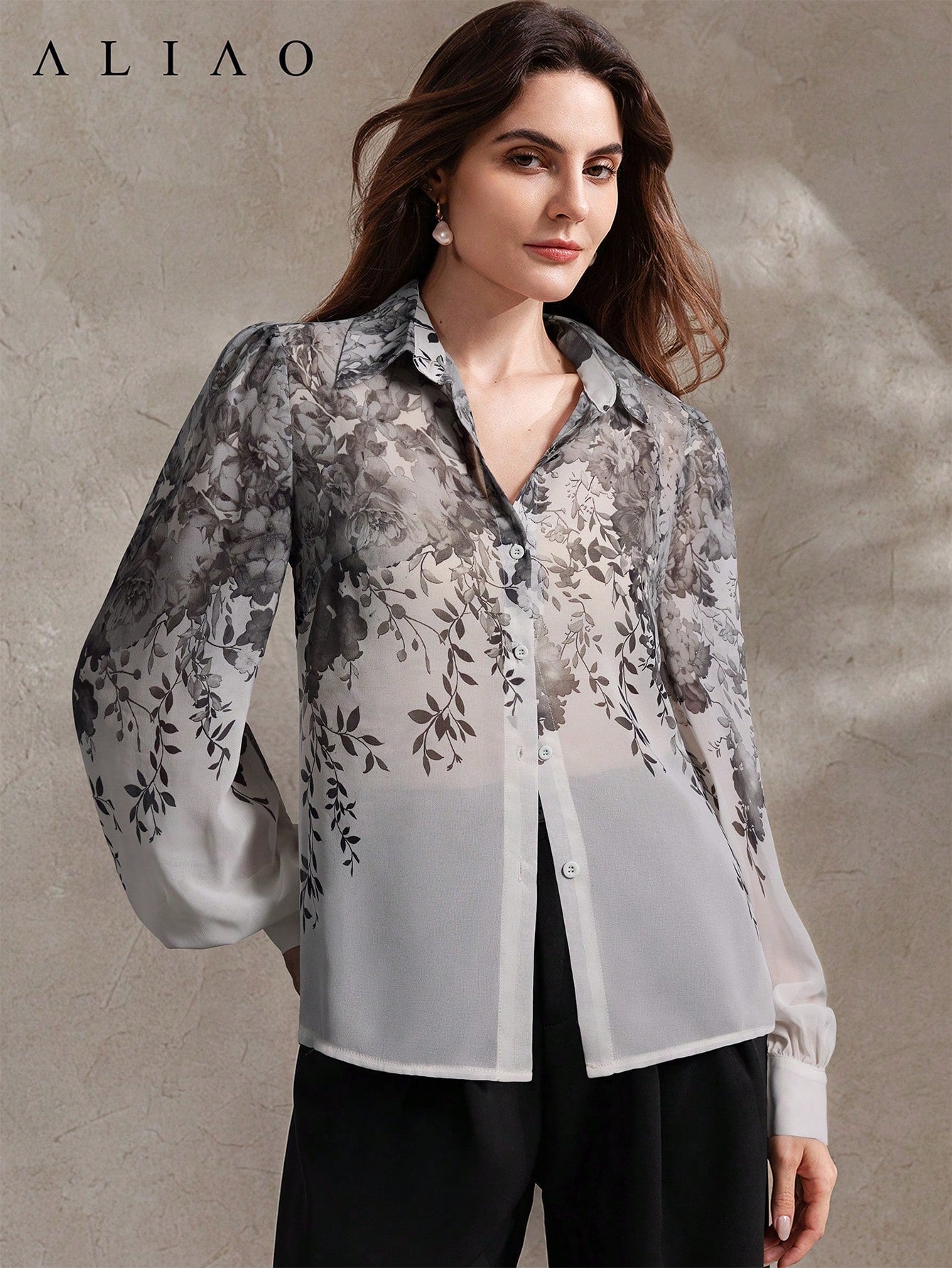 High-End Printed Long Sleeve Sheer Button-Up Casual Vacation Elegant Blouse shein