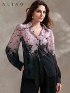High-End Printed Long Sleeve Sheer Button-Up Casual Vacation Elegant Blouse