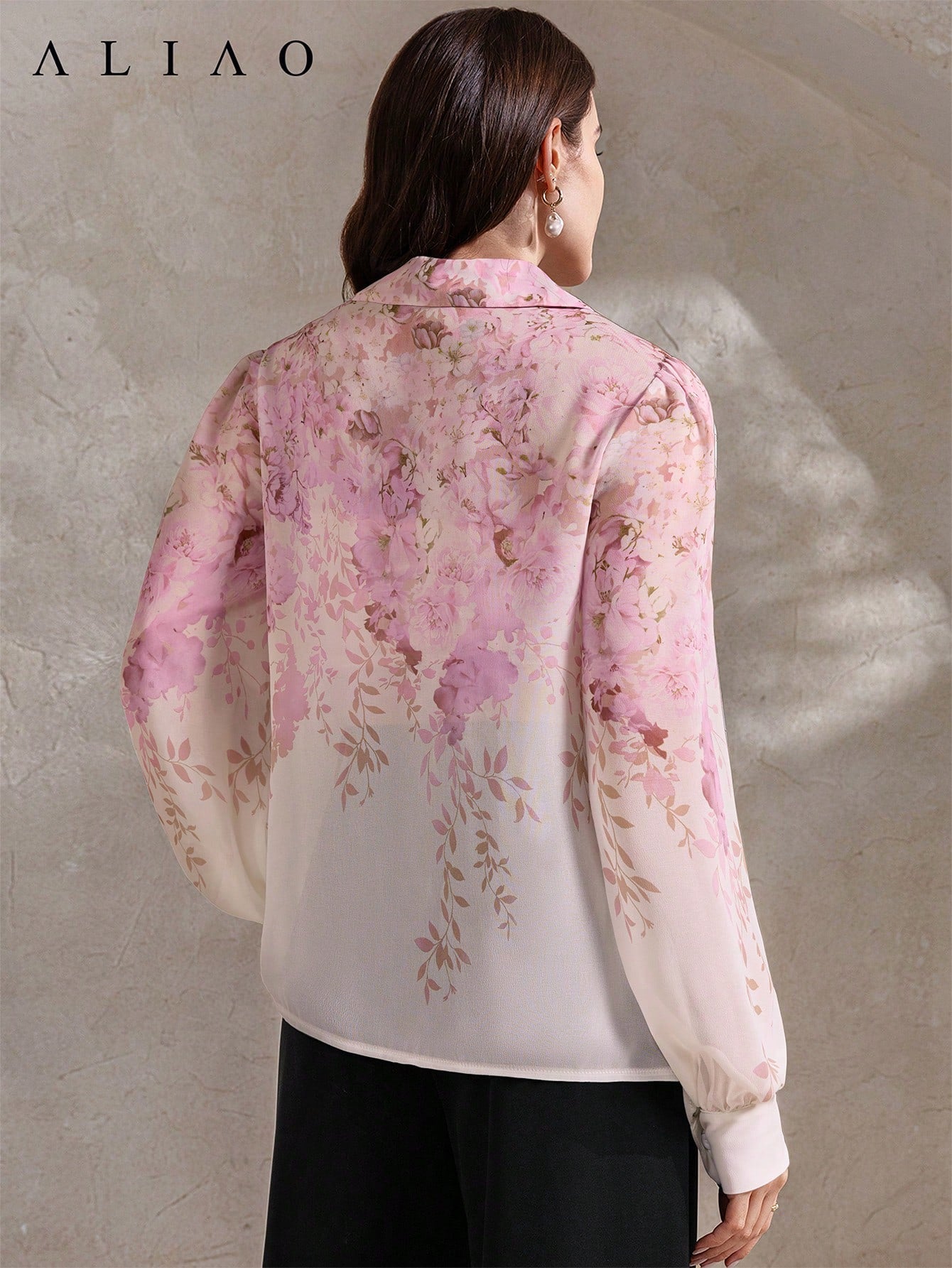 High-End Printed Long Sleeve Sheer Button-Up Casual Vacation Elegant Blouse