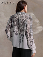 High-End Printed Long Sleeve Sheer Button-Up Casual Vacation Elegant Blouse