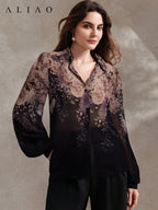 High-End Printed Long Sleeve Sheer Button-Up Casual Vacation Elegant Blouse